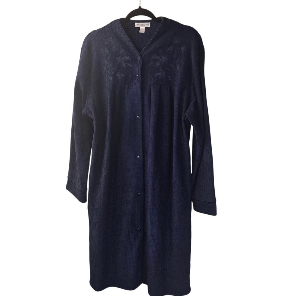 Woman's Miss Elaine Robe Navy Long Sleeved Snap Knee Length House Coat Large